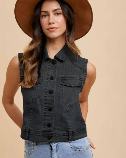 Annie Wear Collared Neck Button Down Denim Vest - THE AMERICAN BLUE
