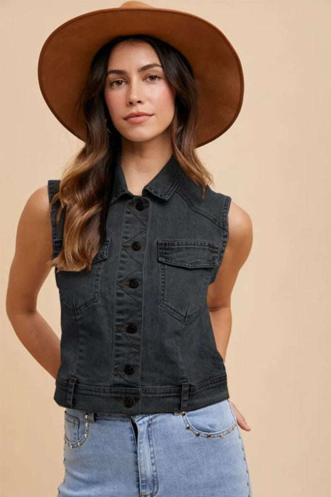 Annie Wear Collared Neck Button Down Denim Vest - THE AMERICAN BLUE