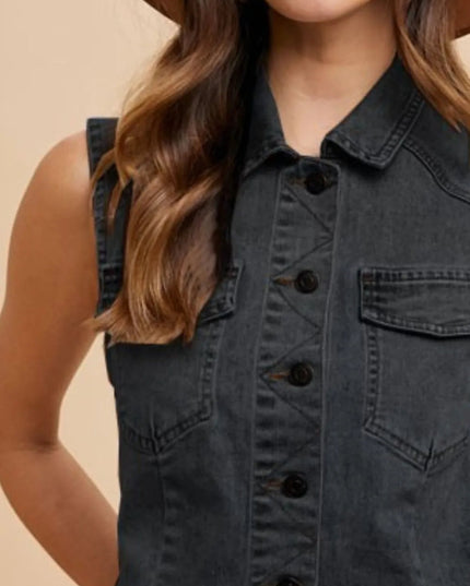Annie Wear Collared Neck Button Down Denim Vest - THE AMERICAN BLUE