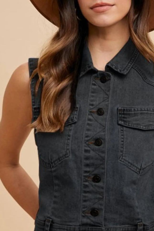 Annie Wear Collared Neck Button Down Denim Vest - THE AMERICAN BLUE