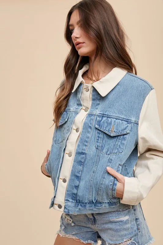 Annie Wear Collared Neck Double Placket Denim Jacket - THE AMERICAN BLUE