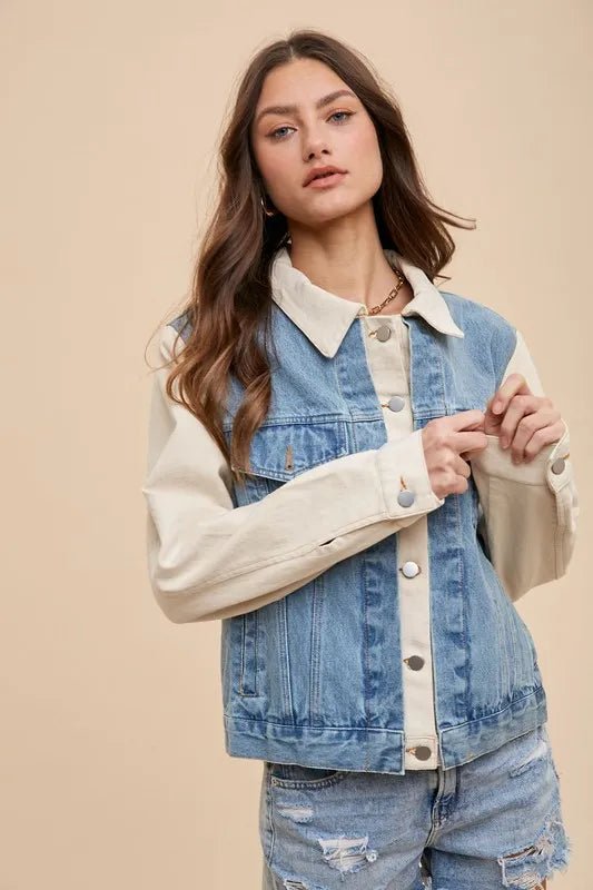 Annie Wear Collared Neck Double Placket Denim Jacket - THE AMERICAN BLUE