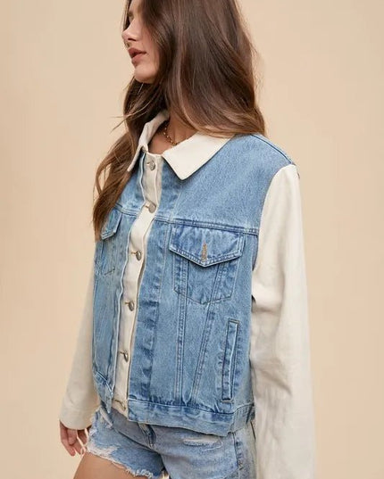 Annie Wear Collared Neck Double Placket Denim Jacket - THE AMERICAN BLUE