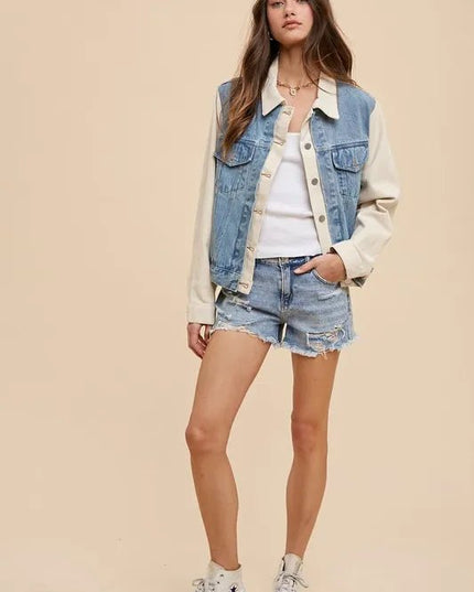 Annie Wear Collared Neck Double Placket Denim Jacket - THE AMERICAN BLUE