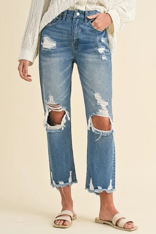 Annie Wear Distressed Raw Hem Cropped Jeans - THE AMERICAN BLUE