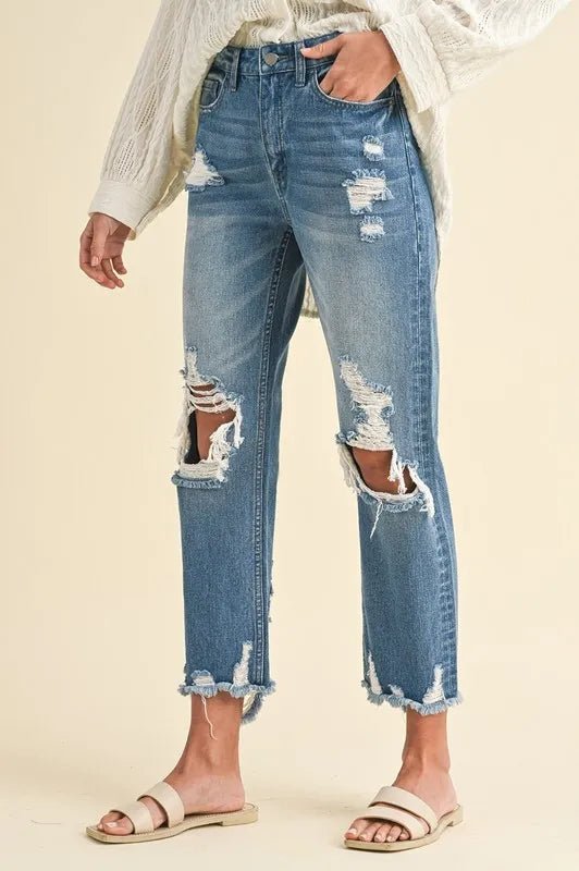 Annie Wear Distressed Raw Hem Cropped Jeans - THE AMERICAN BLUE