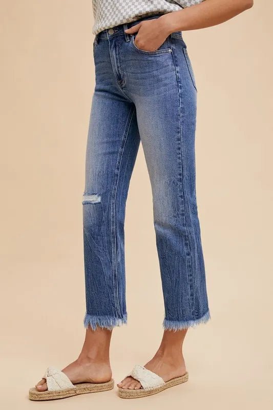 Annie Wear Distressed Raw Hem Straight Leg Cropped Jeans - THE AMERICAN BLUE