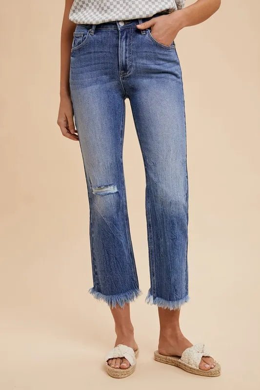 Annie Wear Distressed Raw Hem Straight Leg Cropped Jeans - THE AMERICAN BLUE