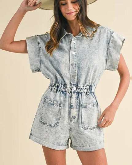 Annie Wear Elastic Waistband Short Sleeve Denim Romper - THE AMERICAN BLUE