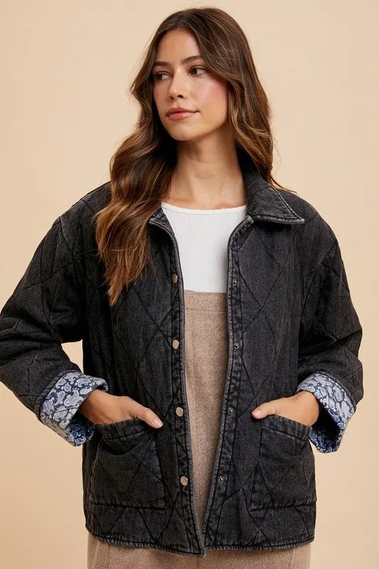 Annie Wear Quilted Printed Lining Snap Down Denim Jacket - THE AMERICAN BLUE