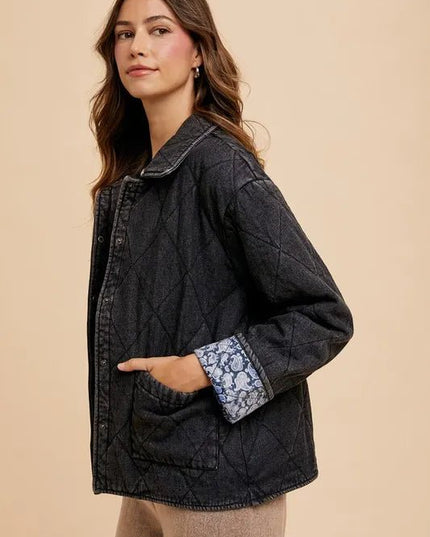 Annie Wear Quilted Printed Lining Snap Down Denim Jacket - THE AMERICAN BLUE