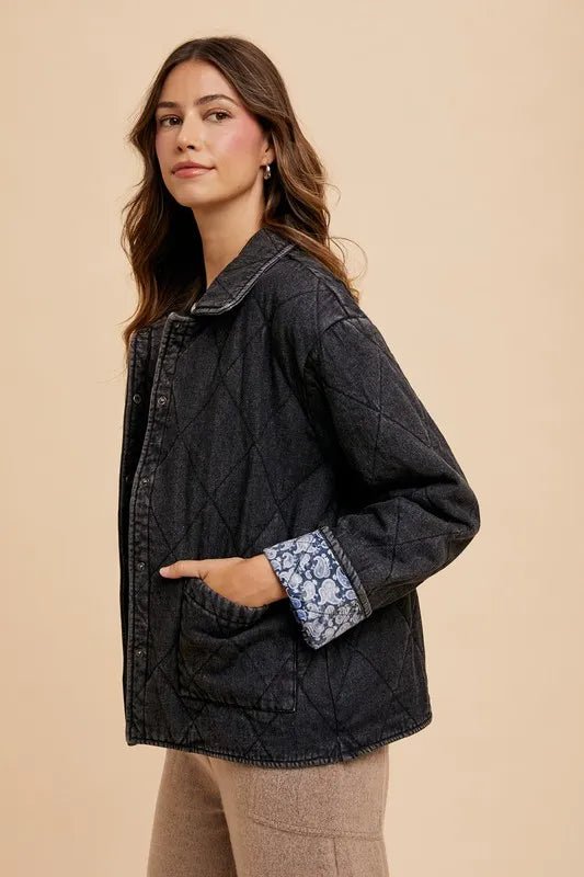 Annie Wear Quilted Printed Lining Snap Down Denim Jacket - THE AMERICAN BLUE