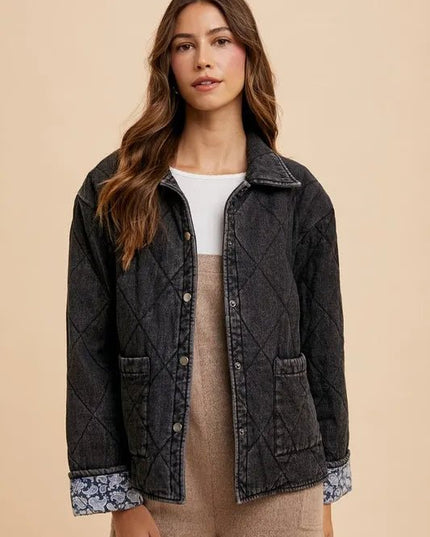 Annie Wear Quilted Printed Lining Snap Down Denim Jacket - THE AMERICAN BLUE
