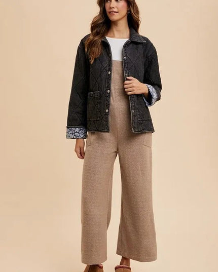 Annie Wear Quilted Printed Lining Snap Down Denim Jacket - THE AMERICAN BLUE