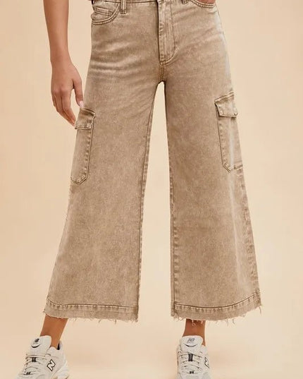 Annie Wear Raw Hem Wide Leg Jeans with Cargo Pockets - THE AMERICAN BLUE