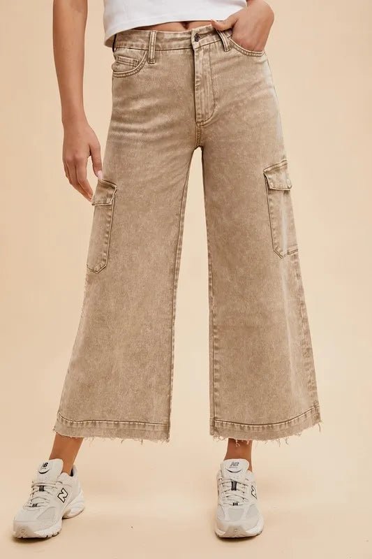 Annie Wear Raw Hem Wide Leg Jeans with Cargo Pockets - THE AMERICAN BLUE