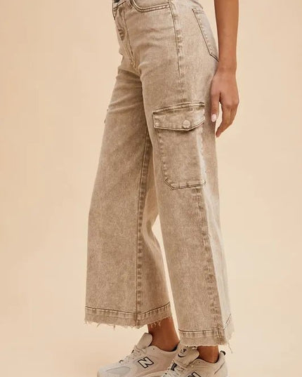 Annie Wear Raw Hem Wide Leg Jeans with Cargo Pockets - THE AMERICAN BLUE