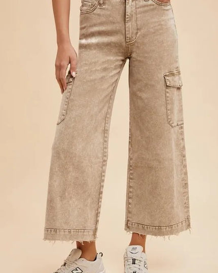 Annie Wear Raw Hem Wide Leg Jeans with Cargo Pockets - THE AMERICAN BLUE