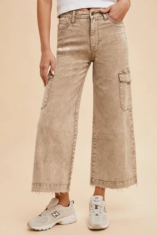 Annie Wear Raw Hem Wide Leg Jeans with Cargo Pockets - THE AMERICAN BLUE