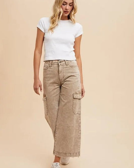 Annie Wear Raw Hem Wide Leg Jeans with Cargo Pockets - THE AMERICAN BLUE