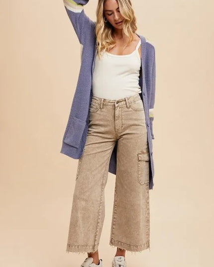 Annie Wear Raw Hem Wide Leg Jeans with Cargo Pockets - THE AMERICAN BLUE