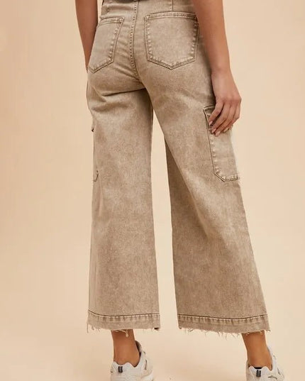 Annie Wear Raw Hem Wide Leg Jeans with Cargo Pockets - THE AMERICAN BLUE