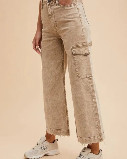Annie Wear Raw Hem Wide Leg Jeans with Cargo Pockets - THE AMERICAN BLUE