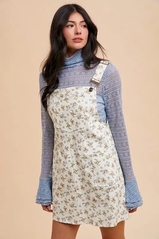 Annie Wear Stretch Ditsy Print Denim Overall Mini Dress - THE AMERICAN BLUE