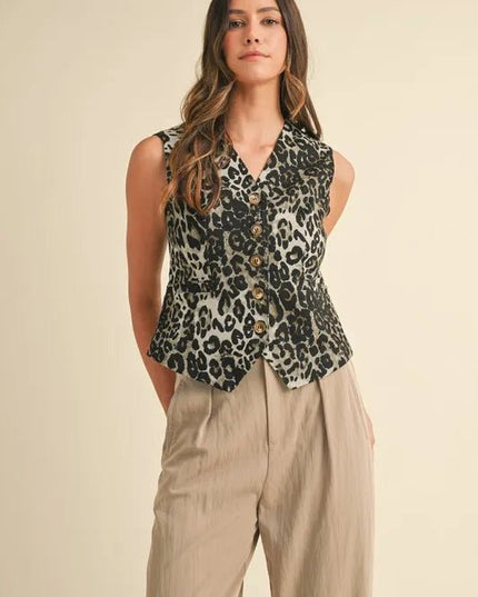 Annie Wear Stretch Leopard Denim Button Down Vest - THE AMERICAN BLUE