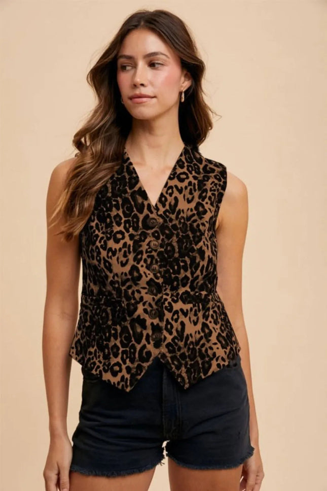 Annie Wear Stretch Leopard Denim Button Down Vest - THE AMERICAN BLUE