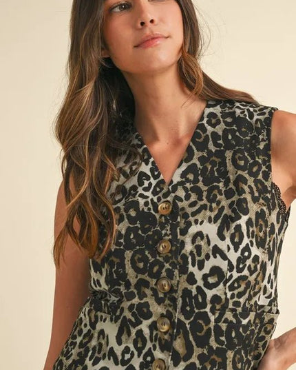 Annie Wear Stretch Leopard Denim Button Down Vest - THE AMERICAN BLUE