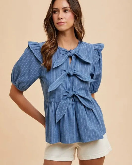 Annie Wear Stripe Front Bow Denim Peplum Blouse - THE AMERICAN BLUE