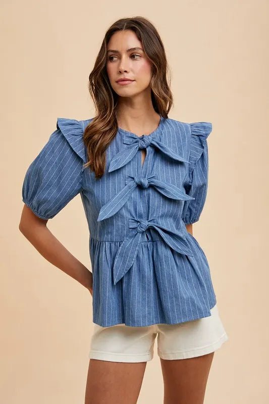 Annie Wear Stripe Front Bow Denim Peplum Blouse - THE AMERICAN BLUE
