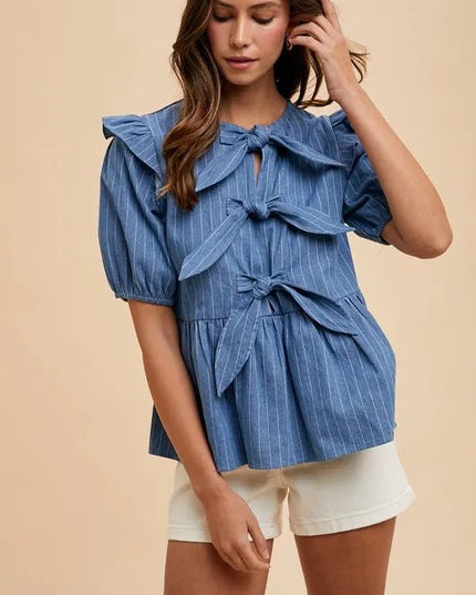 Annie Wear Stripe Front Bow Denim Peplum Blouse - THE AMERICAN BLUE