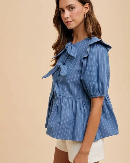 Annie Wear Stripe Front Bow Denim Peplum Blouse - THE AMERICAN BLUE