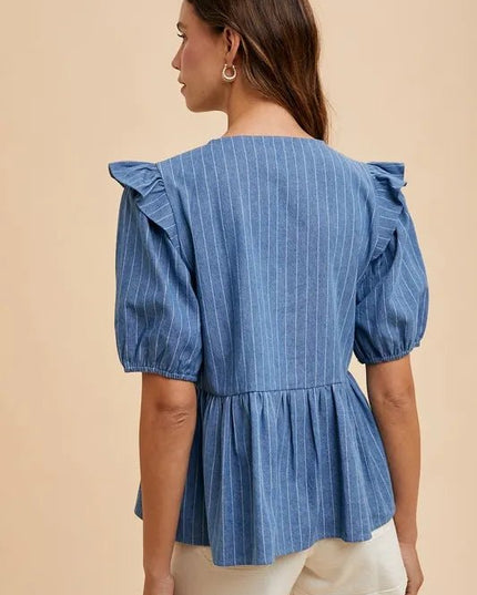 Annie Wear Stripe Front Bow Denim Peplum Blouse - THE AMERICAN BLUE