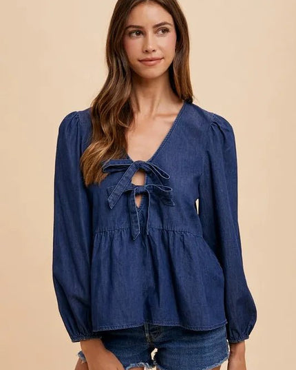 Annie Wear Tie Front Peplum Long Sleeve Denim Top - THE AMERICAN BLUE