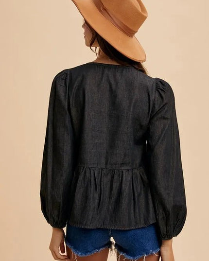 Annie Wear Tie Front Peplum Long Sleeve Denim Top - THE AMERICAN BLUE