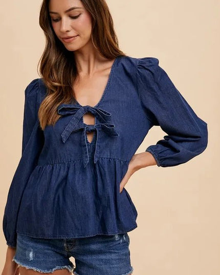 Annie Wear Tie Front Peplum Long Sleeve Denim Top - THE AMERICAN BLUE