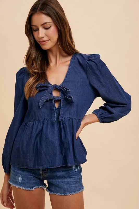 Annie Wear Tie Front Peplum Long Sleeve Denim Top - THE AMERICAN BLUE
