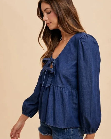 Annie Wear Tie Front Peplum Long Sleeve Denim Top - THE AMERICAN BLUE