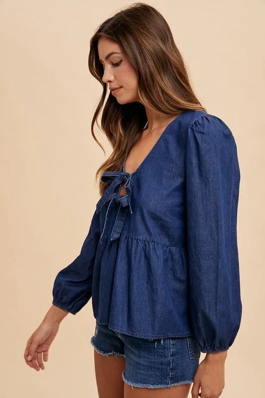 Annie Wear Tie Front Peplum Long Sleeve Denim Top - THE AMERICAN BLUE