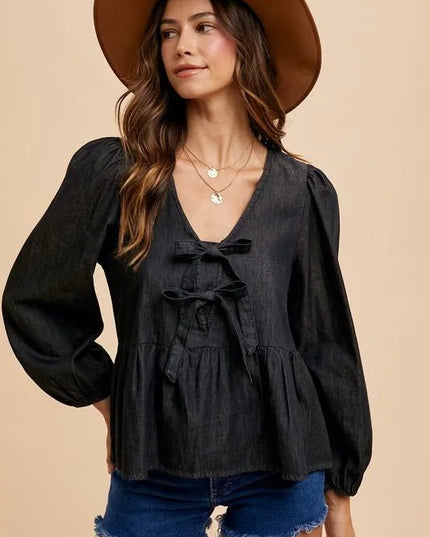 Annie Wear Tie Front Peplum Long Sleeve Denim Top - THE AMERICAN BLUE