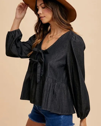 Annie Wear Tie Front Peplum Long Sleeve Denim Top - THE AMERICAN BLUE