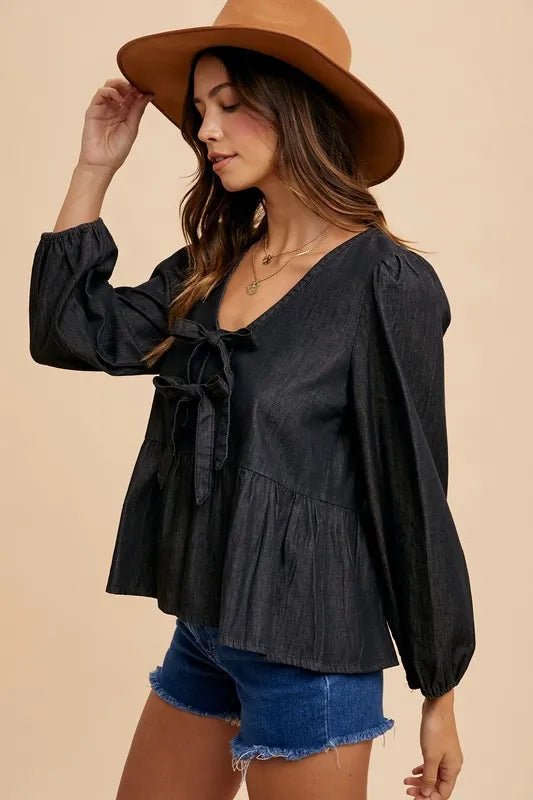 Annie Wear Tie Front Peplum Long Sleeve Denim Top - THE AMERICAN BLUE