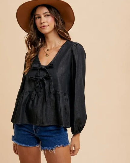 Annie Wear Tie Front Peplum Long Sleeve Denim Top - THE AMERICAN BLUE