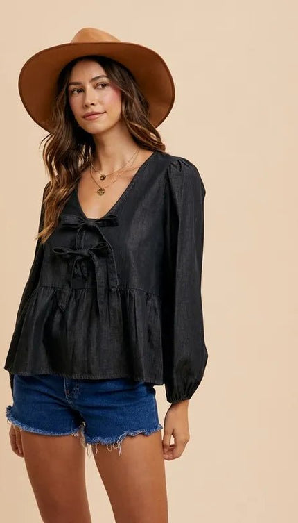 Annie Wear Tie Front Peplum Long Sleeve Denim Top - THE AMERICAN BLUE