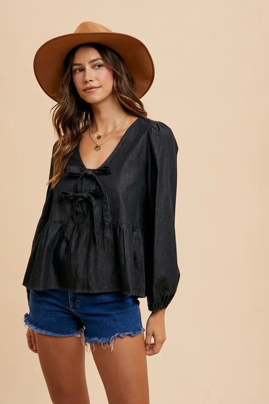 Annie Wear Tie Front Peplum Long Sleeve Denim Top - THE AMERICAN BLUE