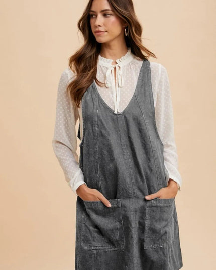 Annie Wear V - Neck Adjustable Strap Denim Overall Dress with Pockets - THE AMERICAN BLUE