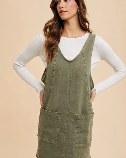 Annie Wear V - Neck Adjustable Strap Denim Overall Dress with Pockets - THE AMERICAN BLUE
